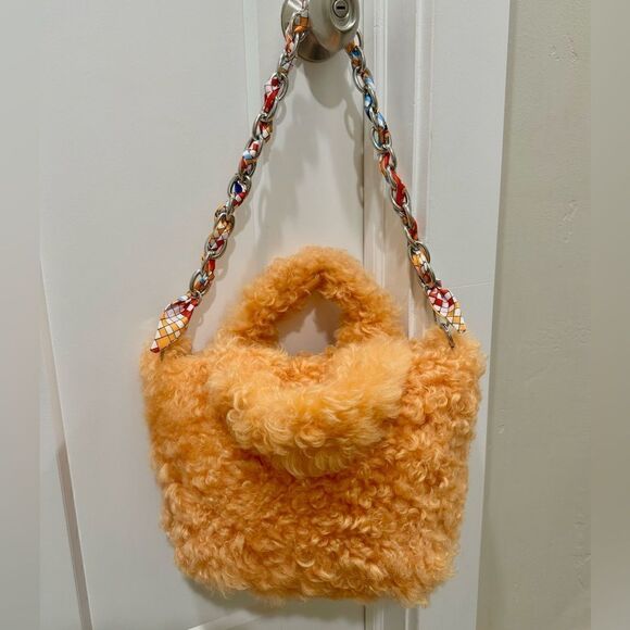 Multi Use Orange Genuine Curly Shearling Top Handle Bag/Shoulder Bag/Crossbody - Picture 2 of 16